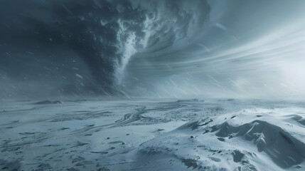 Wall Mural - Ferocious blizzard with a snow tornado in a frozen tundra, icy winds whipping through barren, snow-covered plains