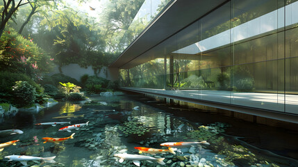 Wall Mural - Glass bridge connecting two contemporary structures, hovering over a tranquil pond with koi fish below