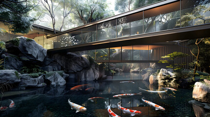 Wall Mural - Glass bridge connecting two contemporary structures, hovering over a tranquil pond with koi fish below