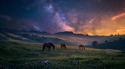 Wall Mural - Grazing horses in a lush meadow with rolling hills and a breathtaking twilight sky filled with stars