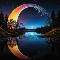 Wall Mural - Fantasy Moonlit Lake with Abstract Art.