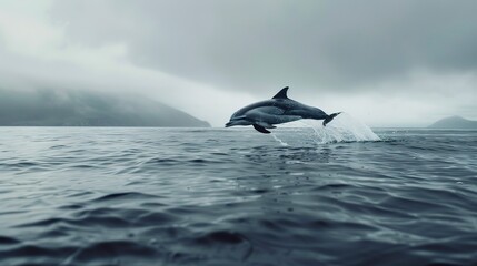 Canvas Print - A stunning realistic photo of a dolphin leaping out of the ocean, underscoring the importance of marine conservation and the protection of marine wildlife, Minimalism. 