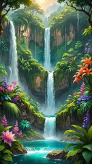 Poster - A majestic waterfall in a lush rainforest, surrounded by vibrant vegetation and colorful flowers, fantasy art