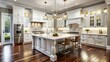 © DigitalArt Max - Exquisite white luxury kitchen interior featuring rich wood flooring, large island, pendant lights, and sleek modern appliances.