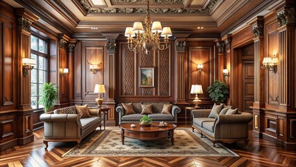 Wall Mural - Elegant refined traditional wood paneling wall and floor design with ornate frame and column pattern exuding luxury and sophistication.