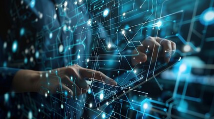 Innovative Technology Background: Businessman Engaging with Blockchain, Data Encryption, and AI on a Digital Tablet