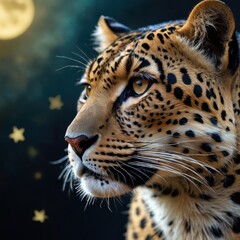 Wall Mural - Close Up of Leopard's Face Under Night Sky.