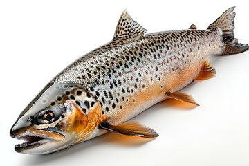 A brown trout swimming gracefully against a white background.