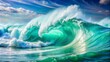 © DigitalArt Max - Vibrant turquoise waves crash against radiant emerald swirls on a pristine white backdrop, evoking a mesmerizing abstract oceanic landscape.