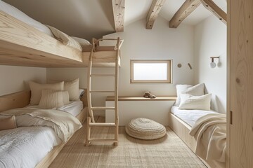 Wall Mural - Wooden Bunk Bed and Twin Beds in a Modern and Minimalist Bedroom