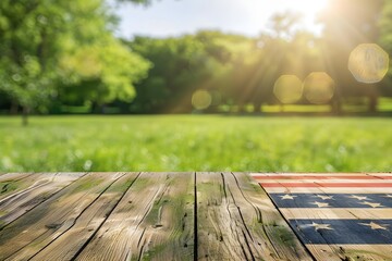 Wall Mural - wooden table with a flag set in a park surrounded by trees