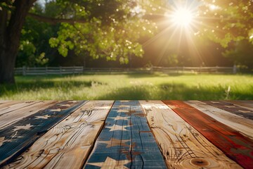 Wall Mural - flag on a wooden table in a serene park with lush trees