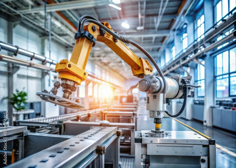 Metallic robotic arm moves with precision, assembling intricate ...