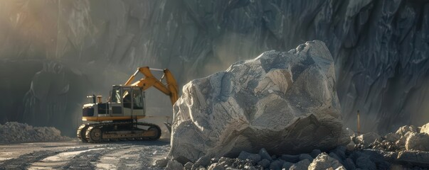 Excavator working on a large rock in a quarry.