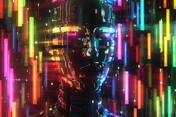 Canvas Print - Digital face with colorful neon lights perfect for technology and cyberpunk themes showcasing intricate details and modern aesthetics