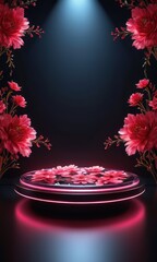 Wall Mural - Pink Flowers on Black Background with Neon Light.