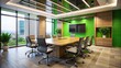 © Caitlin - Modern office conference room with sleek furniture, green screen chroma key wall TV, and professional presentation equipment empty of people.