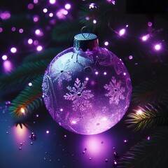 Canvas Print - beautiful Glowing luminescent violet New Year's ball Christmas decoration on a dark background