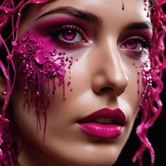 Poster - Close-up of Woman with Pink Makeup and Dripping Paint.