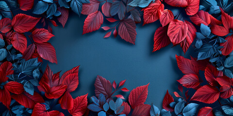 Wall Mural - frame made of leaves in various shades of red and blue, placed on an empty background with space for text or graphics, generative AI