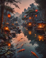Wall Mural - a serene asian style illustration with foggy mountains and trees.