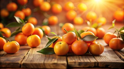 Poster - Vibrant orange fruits scattered on rustic wooden table against blurred warm-toned background with subtle natural light and shallow depth focus.