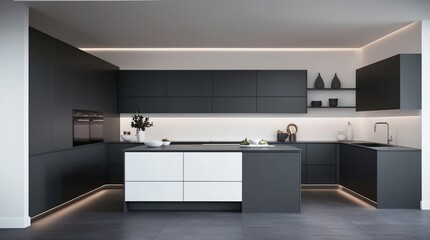 A sleek kitchen interior embodying a minimalist concept, where the harmonious blend of dark gray and white hues creates a sense of balance and sophistication, with the dark gray tone applied to the ca