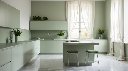 A serene kitchen room exudes a sense of harmony and comfort, epitomizing the minimalist concept through a soothing palette of muted green and crisp white hues