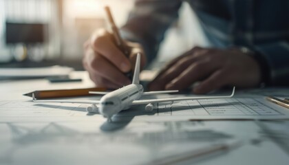 Aeronautical engineer working on blueprint for airplane design.