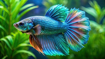 Exotic betta fish with vibrant blue green scales swimming gracefully, betta, fish, exotic, colorful, vibrant, blue, green, scales