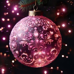 Canvas Print - beautiful Glowing luminescent pink New Year's ball Christmas decoration on a dark background