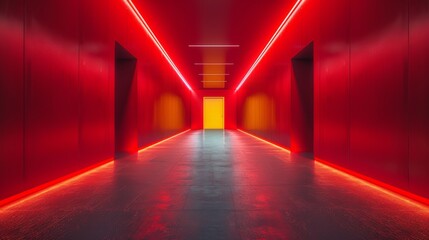 Wall Mural - long corridor illuminated with red lighting leads to a yellow door at the end