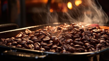 Canvas Print - A roasting pan filled with coffee beans. Perfect for illustrating the coffee roasting process and the aroma of freshly roasted coffee. 