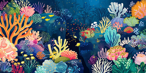 Wall Mural - vibrant and colorful illustration of an underwater coral reef, filled with various types of corals, generative AI