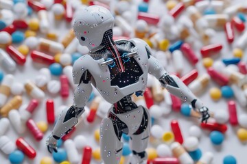 Poster - Robot in a futuristic lab surrounded by colorful pills perfect for advanced healthcare and technology themes showcasing modern design and innovation