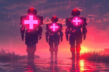 Poster - Futuristic robots with medical crosses perfect for advanced healthcare and sci fi themes showcasing modern design and innovative technology