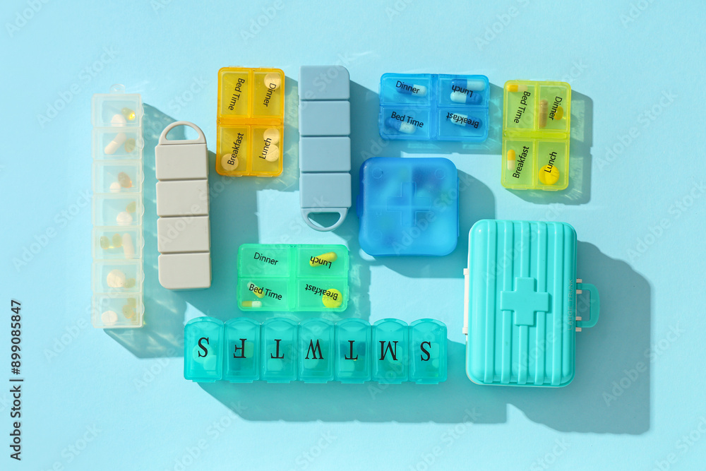 Plastic containers with pills on blue background. Top view