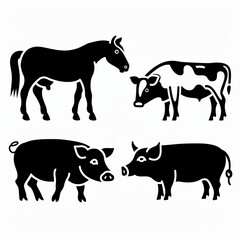 Wall Mural - Charming black and white outline sketch of a horse, cow, and pig silhouettes with wavy lines and childlike proportions. Each drawing is isolated on a white background, not touching the canvas edges..