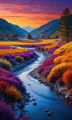 Poster - Serene River Flowing Through Colorful Fields at Sunset.