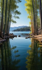 Canvas Print - Tranquil Bamboo Forest Reflection in Still Lake Water.