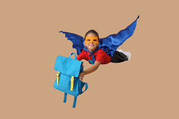 Poster - Happy schoolgirl dressed as superhero with backpack flying on brown background