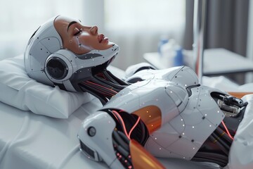 Wall Mural - Medical robot lying in a high tech hospital bed perfect for advanced healthcare and technology themes showcasing modern design and innovative concepts