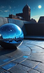 Poster - Cityscape Reflected in a Crystal Ball on a Rooftop at Night.