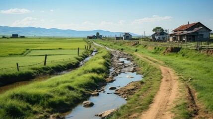 Canvas Print - A rural area with a few houses and a lot of grass  