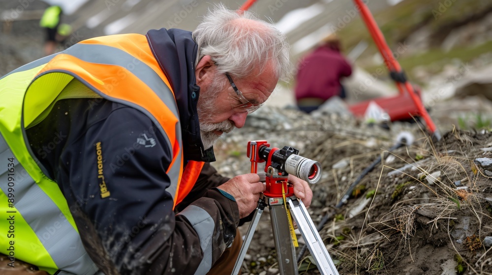 Engineer Using Angles 9. A senior engineer conducting a site survey in a remote location. The ...