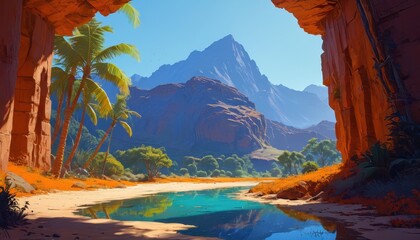 Canvas Print - Tropical Oasis With Mountain View.