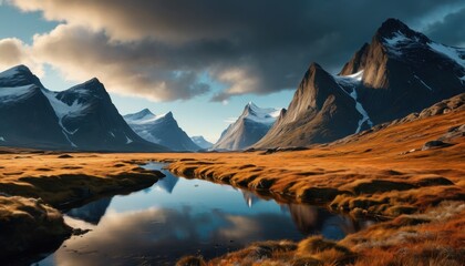 Sticker - Dramatic Mountain Range Reflection in Still Water.