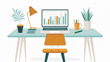 A white laptop sits on a desk with a lamp and a potted plant