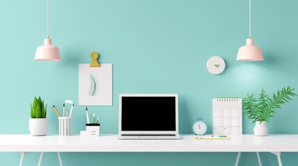A laptop sits on a desk with a green background and a potted plant