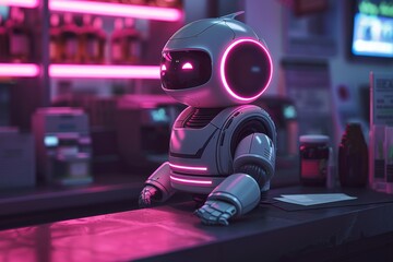 Canvas Print - Robotic assistant in a neon lit store symbolizing AI integration advanced technology and futuristic innovation in a high tech setting